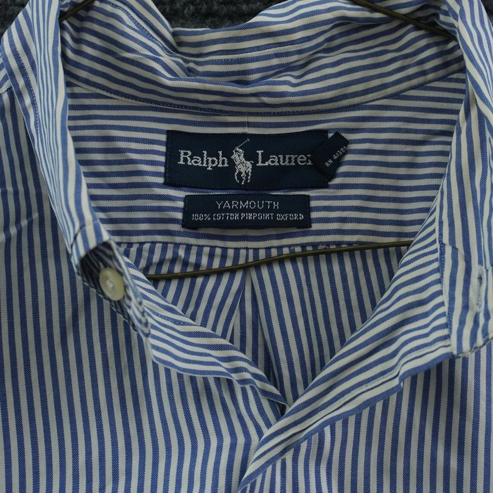 VTG Ralph Lauren Yarmouth Button Down 17-35 Blue White Striped Flesh Pony Shirt